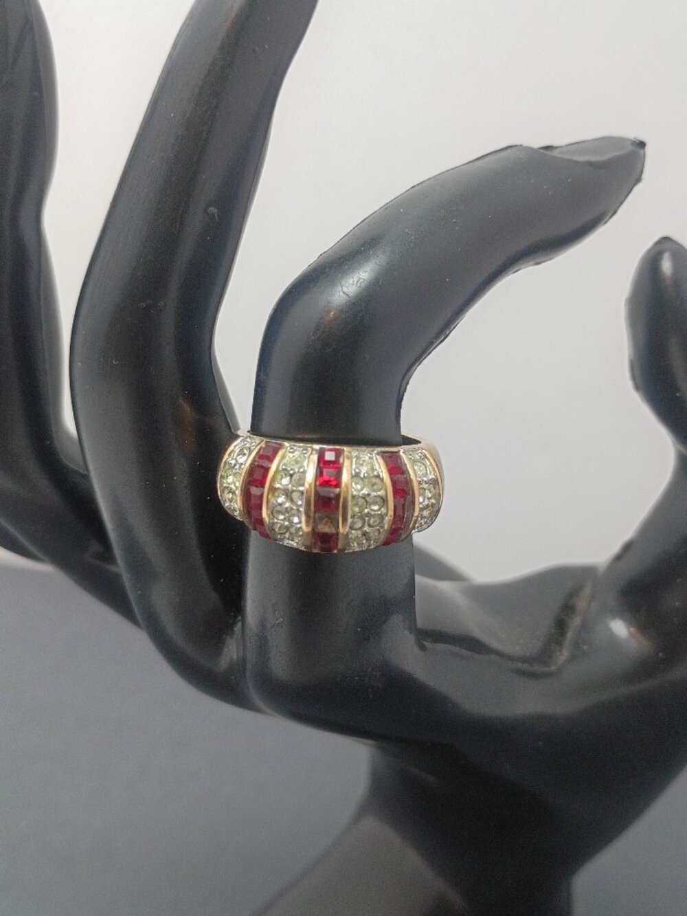 Vintage 18K GERSC Gold Plated Ruby and Clear Crystal Rhinestone Ring Size 5.75-6